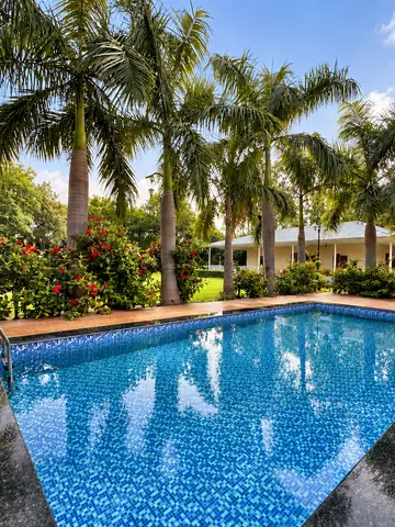 Private pool with the two-level machan behind it at Mulberry Farm, Noida