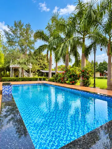 Wooden deck beside the private swimming pool at Mulberry Farm, Noida
