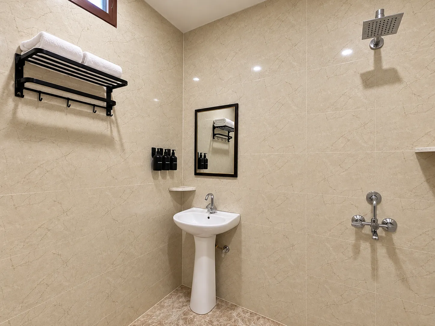 A bathroom at Mulberry Farm — rain shower, towel rack and the toiletry set, Sector 135 Noida