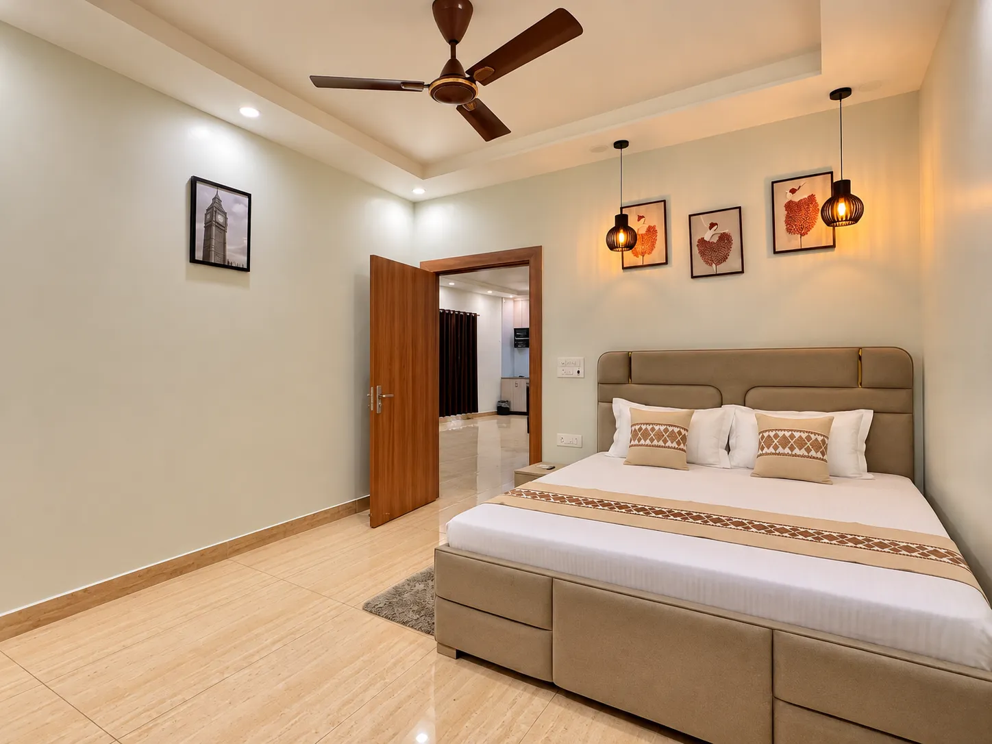 Bedroom three at Mulberry Farm — double bed, ceiling fan and marble floor, Sector 135 Noida