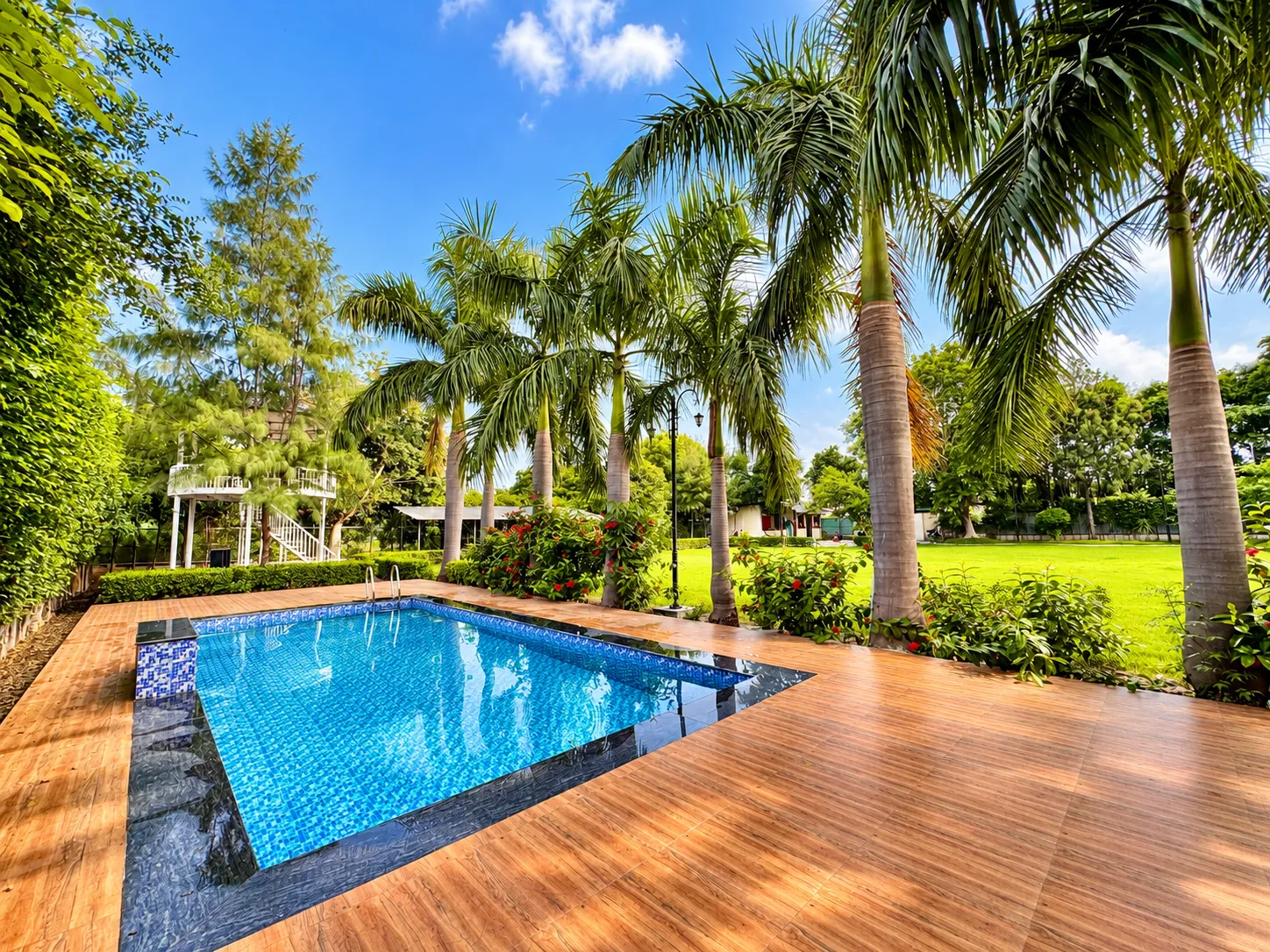 The private swimming pool at Mulberry Farm with its wooden deck, royal palms and the lawn beyond, Sector 135 Noida